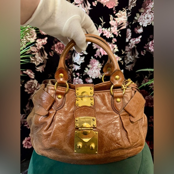 AUTHENTIC Miu Miu Side Ribbon 2 Way Warm Brown Leather Gold Tone Hardware Bag - Picture 1 of 16